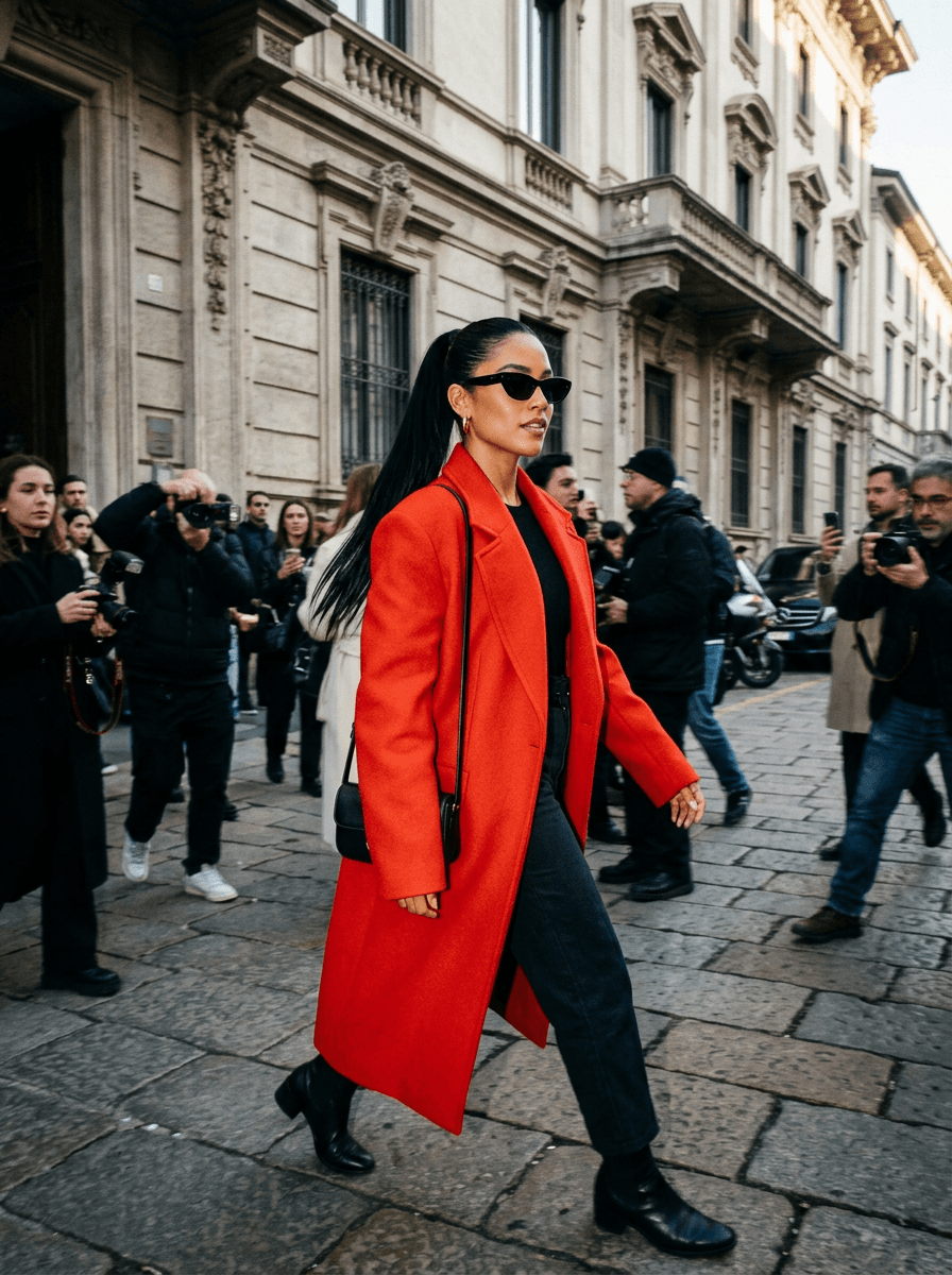 Fictional AI model — woman in a red oversized coat and sunglasses