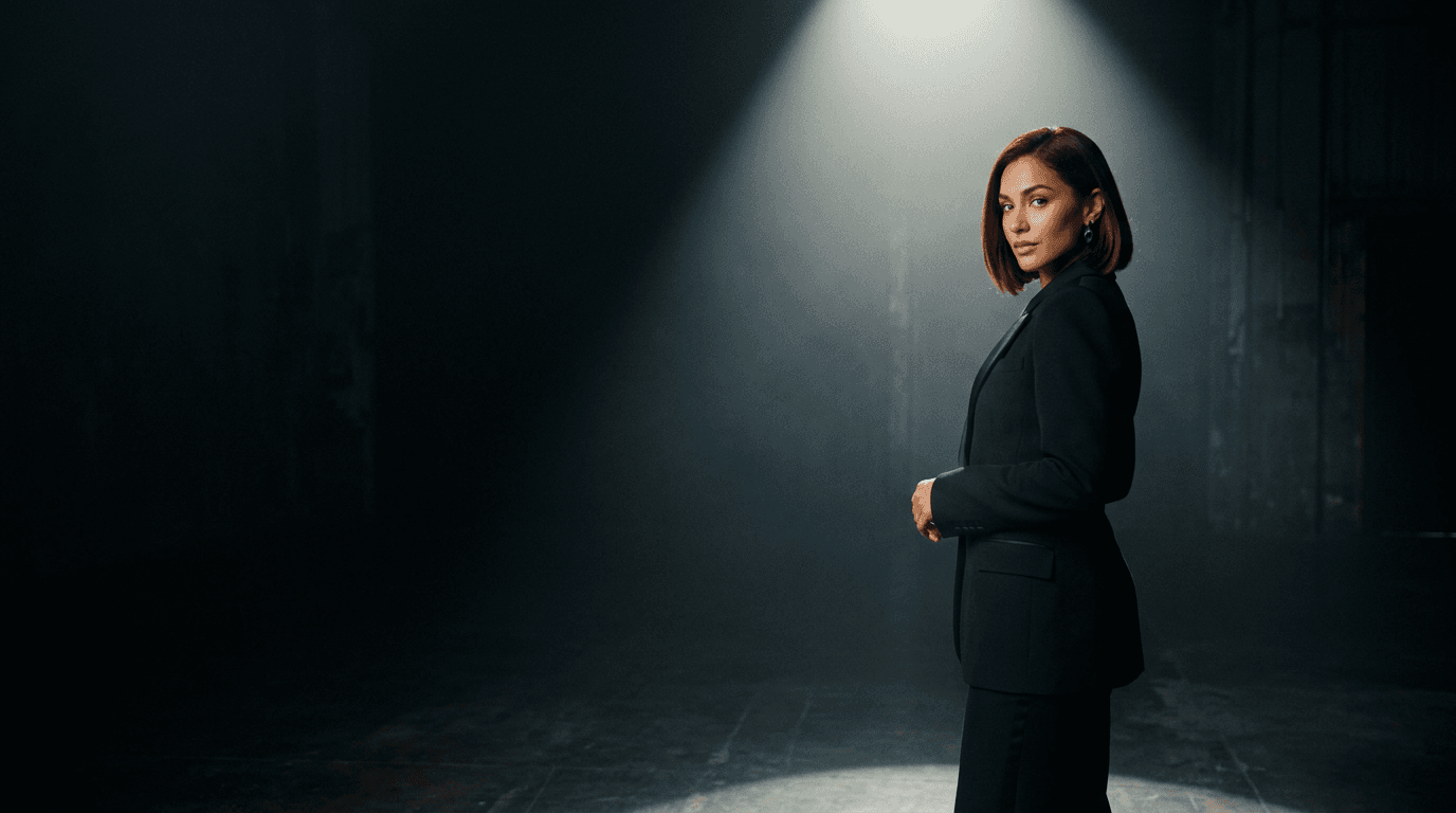 Fictional AI model — woman with an auburn bob in a black tuxedo jacket under a spotlight