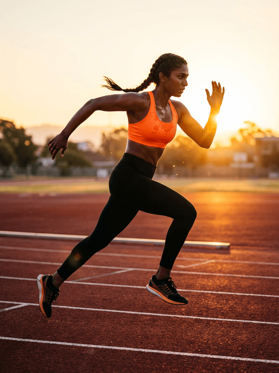 Fictional AI model — athlete sprinting on a running track at dawn