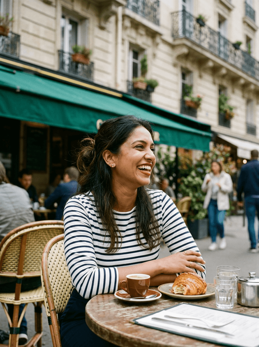 Fictional AI model — woman laughing at a Paris café table