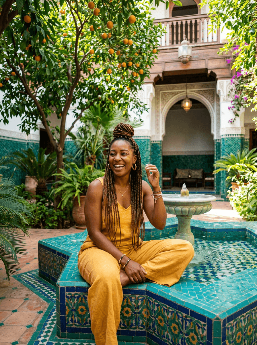 Fictional AI model — woman with box braids by a tiled fountain in a riad