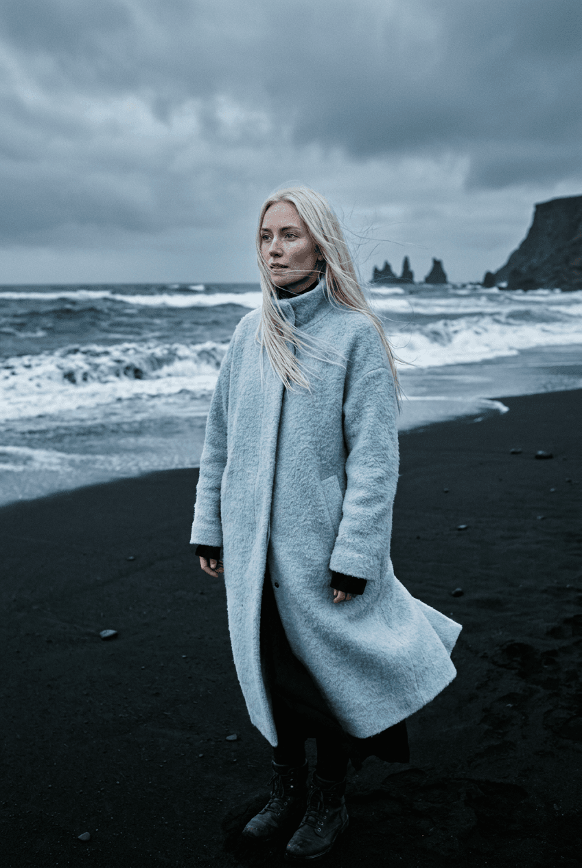 Fictional AI model — platinum-blonde woman in an icy-blue coat on a black sand beach