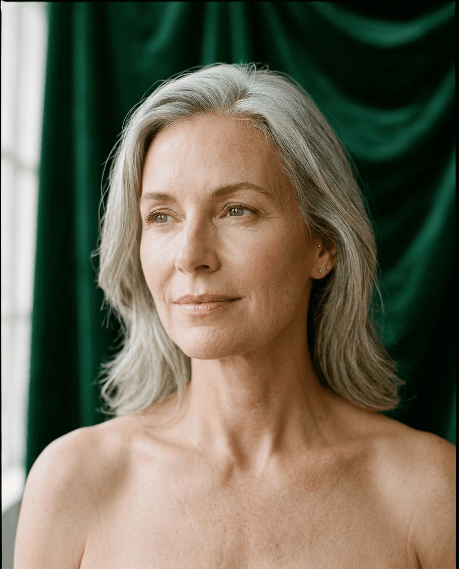 Fictional AI model — silver-haired woman against emerald velvet
