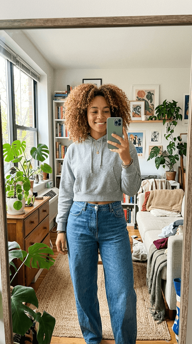 Fictional AI model — curly-haired woman taking a mirror selfie in her apartment