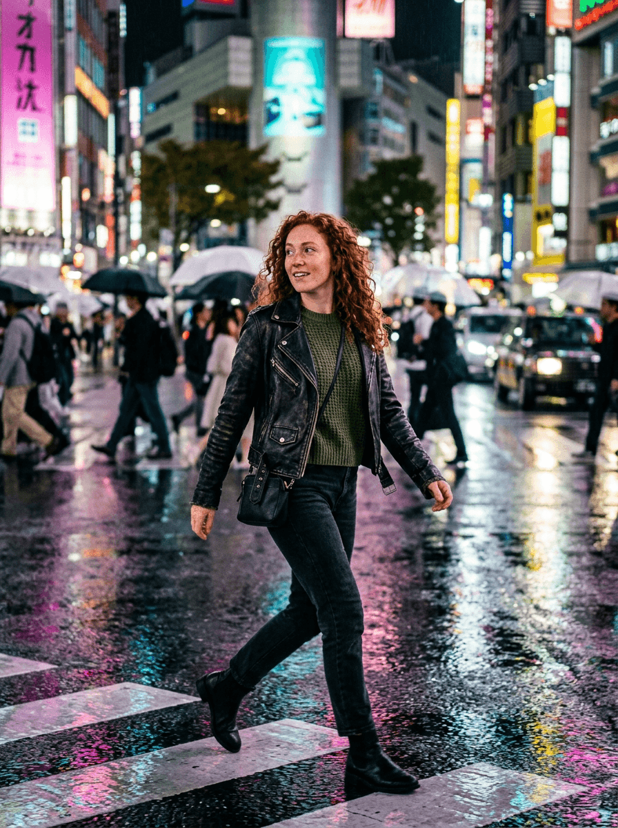 Fictional AI model — red-haired woman crossing a neon-lit street at night