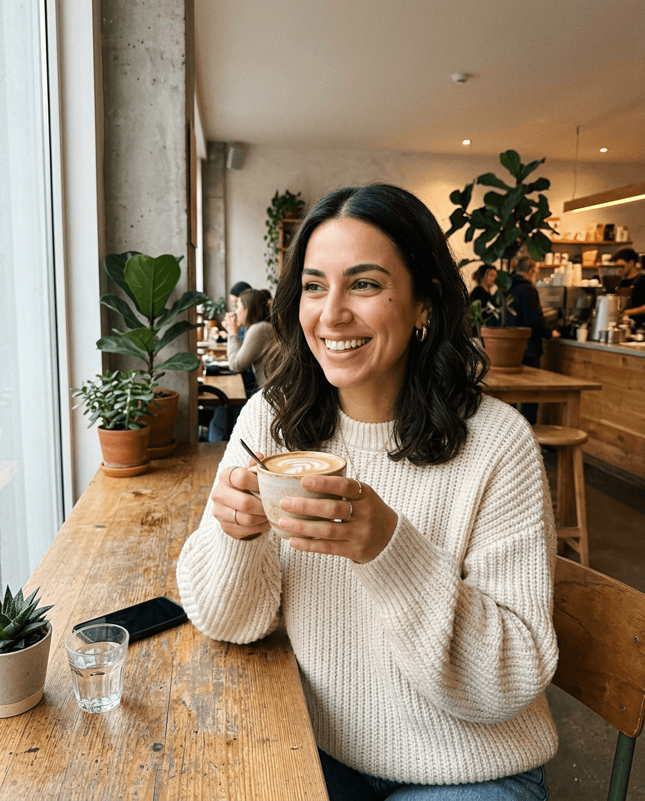 Fictional AI model — holding a latte in a sunlit café