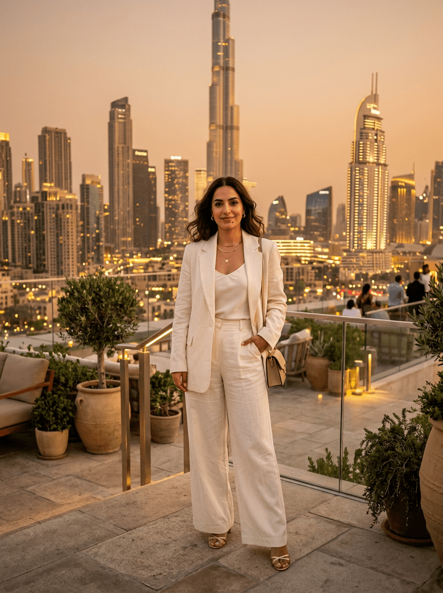 Fictional AI model — ivory suit on a Dubai rooftop at dusk