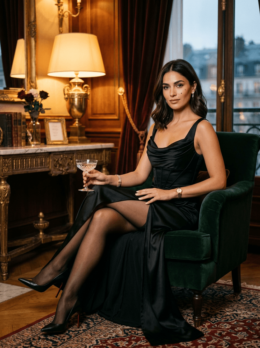 Fictional AI model — black satin gown in a luxury hotel suite