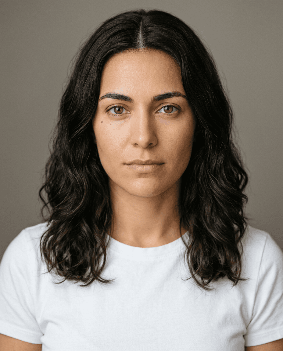 Fictional AI model — neutral reference headshot