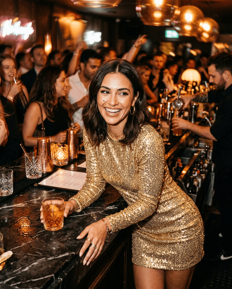 Fictional AI model — gold sequin dress at a cocktail bar