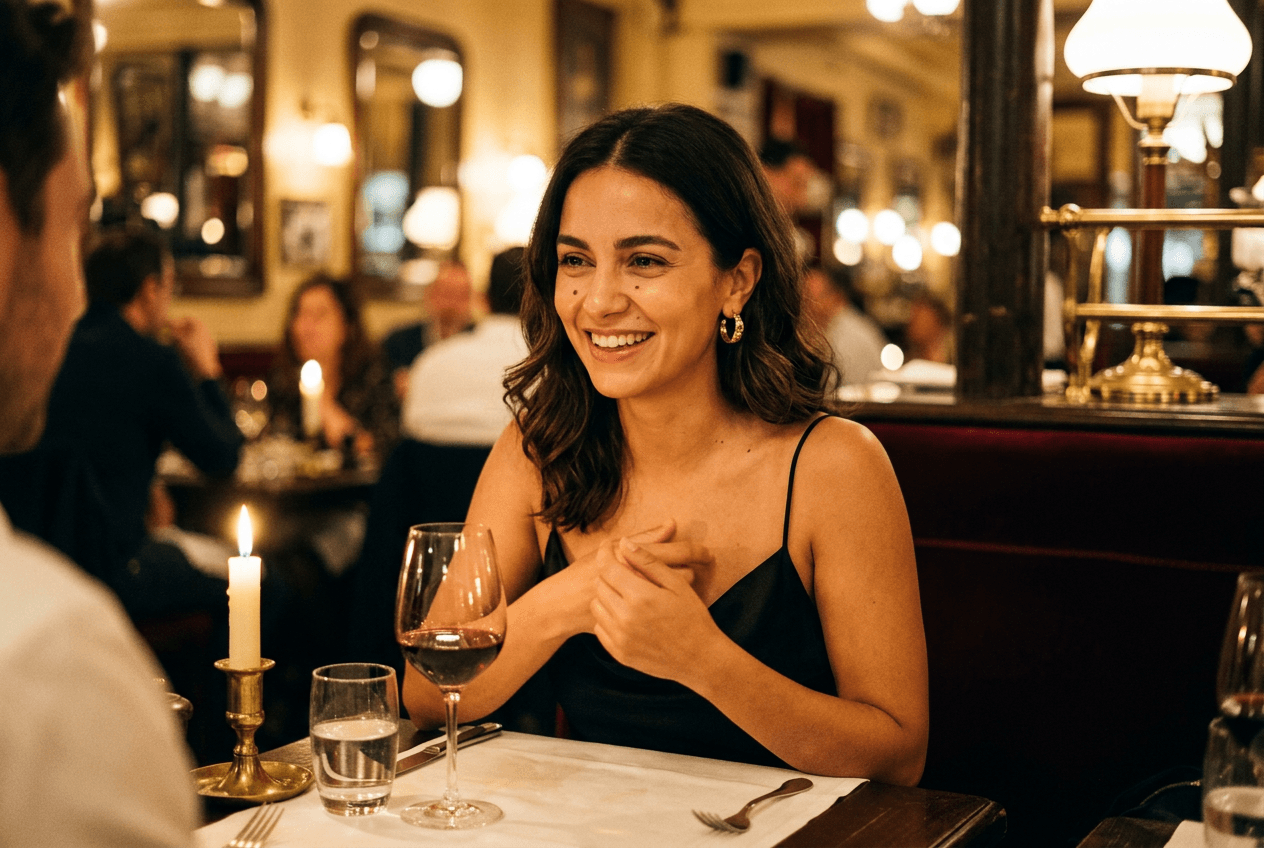 Fictional AI model — laughing at a candlelit Paris restaurant